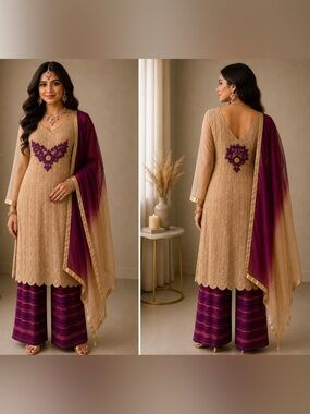 Beige & Purple Embroidered Women’s Salwar Kameez Set